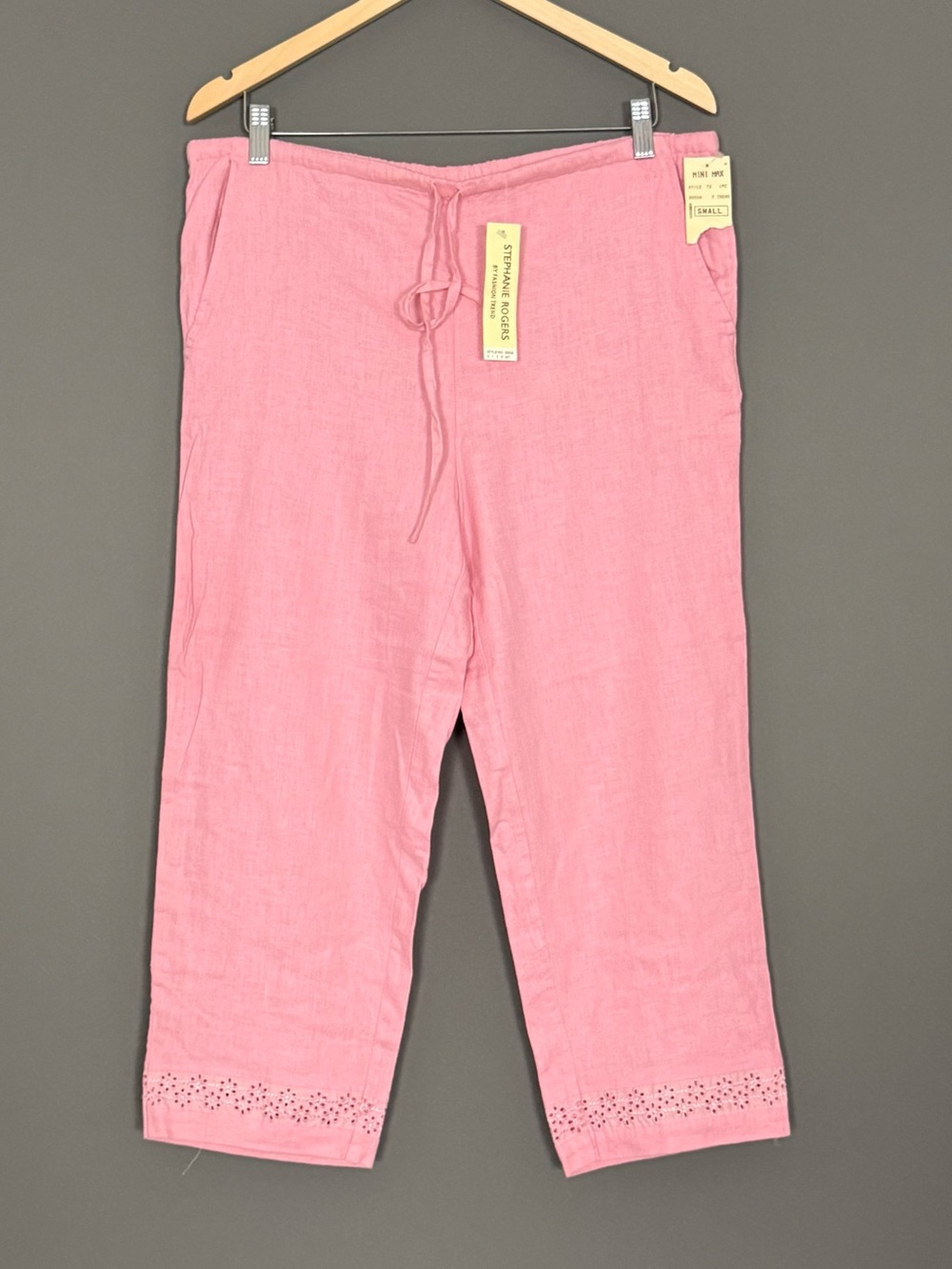 Stephanie Rogers Pink Linen Blend Eyelet Hem Cropped Pants Small NEW Boho